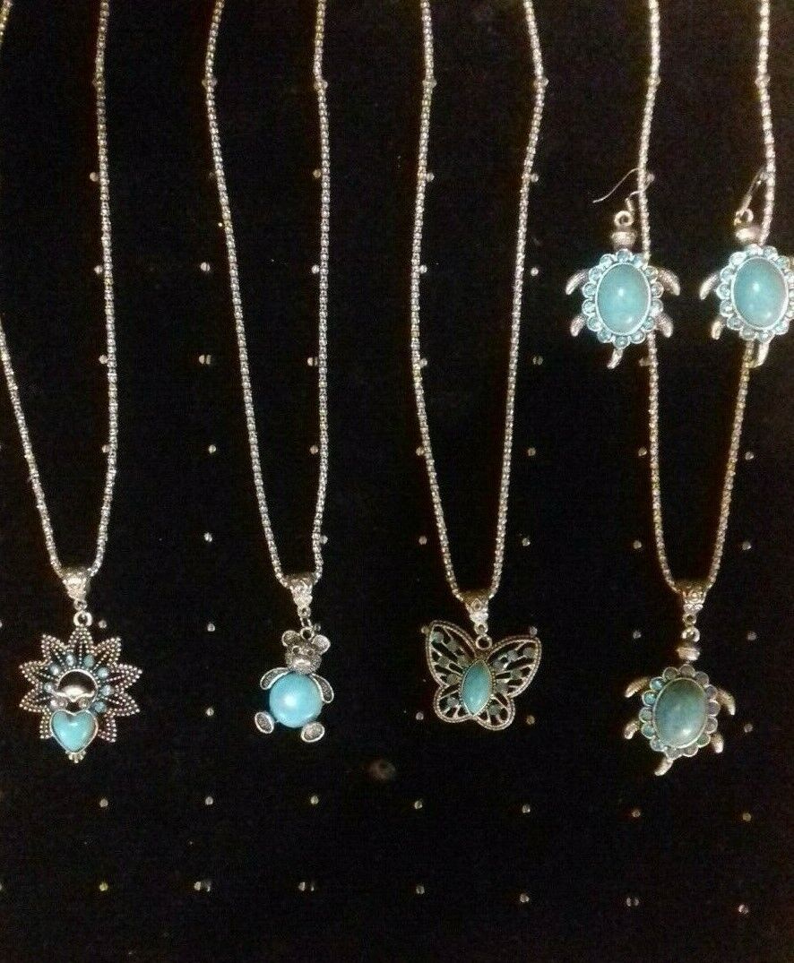 Beach Turtle Turquoise Tortoise Pendant EARRINGS Charm Silver Necklace Set UK