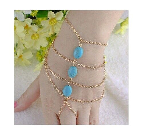 Turquoise Tassel Gold Bracelet Bangle Finger Hand Chain Ring Harness Beach Boho