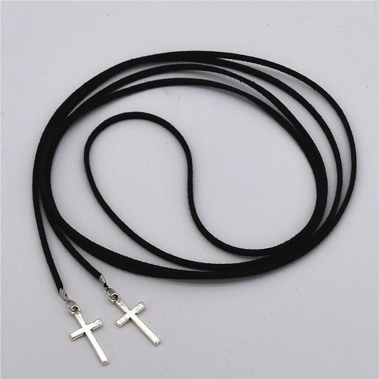 BLACK CHOKER CROSS PENDANT Rhinestone Necklace Choker Silver Wedding Party Chain