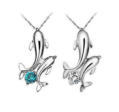 TWIN Dolphin Pendant rhinestone crystal Silver Necklace  Jewellery Ladies Gifts