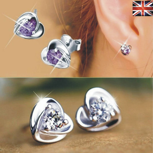 Sterling Silver Love Heart Shaped Cubic Zirconia Ear Stud Earrings Womens Girls