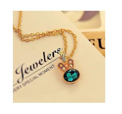 Gold Rabbit Bunny Ear Animal Charm Pendant Necklace Green Gemstone Birthday Gift