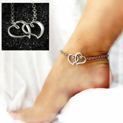 SILVER DOUBLE HEART ANKLET SUMMER Ankle Bracelet Sandal Foot Jewellery BEACH