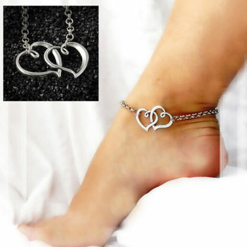SILVER DOUBLE HEART ANKLET SUMMER Ankle Bracelet Sandal Foot Jewellery BEACH