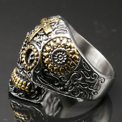 Silver Gold Sugar Cross Skull Ring Goth Rock Biker Mens Gift Day of The Dead UK