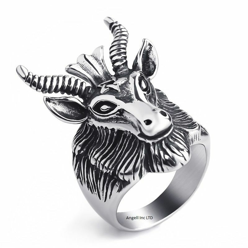 Mens Silver Satan Goat Head Pentagram Gothic Ram Steel Devil Satanic Ring