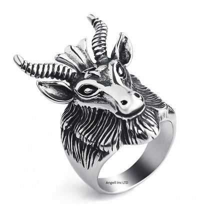Mens Silver Satan Goat Head Pentagram Gothic Ram Steel Devil Satanic Ring