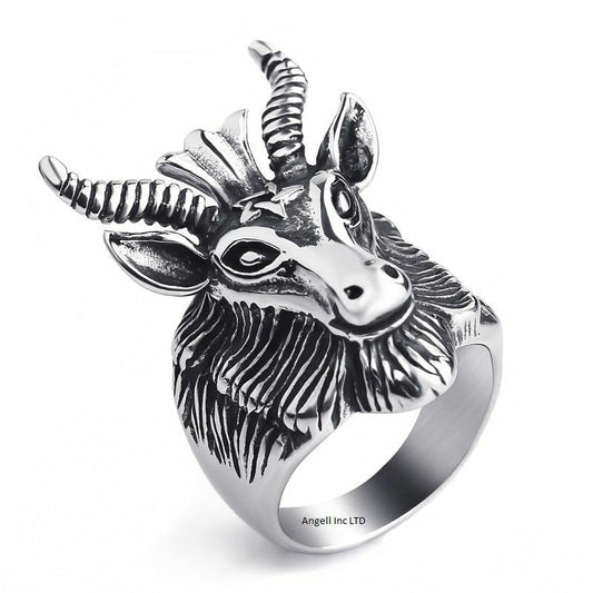 Mens Silver Satan Goat Head Pentagram Gothic Ram Steel Devil Satanic Ring