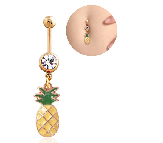 PINEAPPLE Crystal GOLD Belly Bar Drop Piercing Button Ring Crystal Reverse Bar