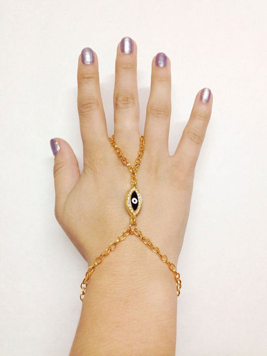 Womens Lucky Eye Slave Chain Finger Ring Bangle Hand Harness Bracelet Beach Boho