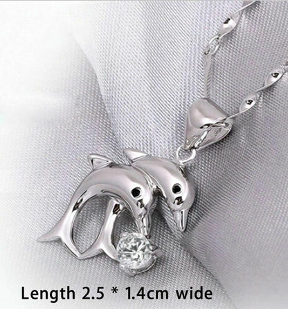 TWIN Dolphin Pendant rhinestone crystal Silver necklace Jewellery Ladies Gifts