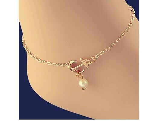 GOLD ANCHOR PEARL SUMMER Tibetan Ankle Bracelet Beach Foot Jewellery UK Seller