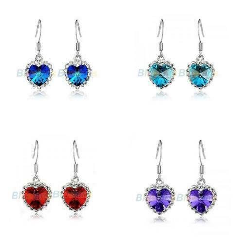 3 Colours Silver Love HEART Ear Stud Earrings Hook hoop dangle loop womens Gift