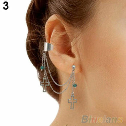 CLIP ON SILVER CROSS HANGING CHAIN TURQOISE EAR CUFF EARRINGS uk