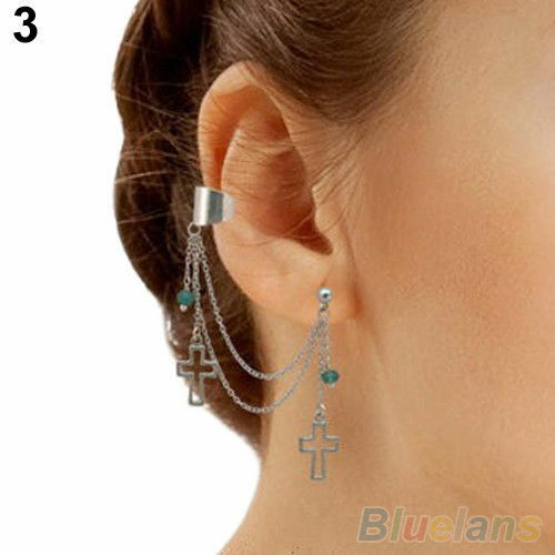 CLIP ON SILVER CROSS HANGING CHAIN TURQOISE EAR CUFF EARRINGS uk