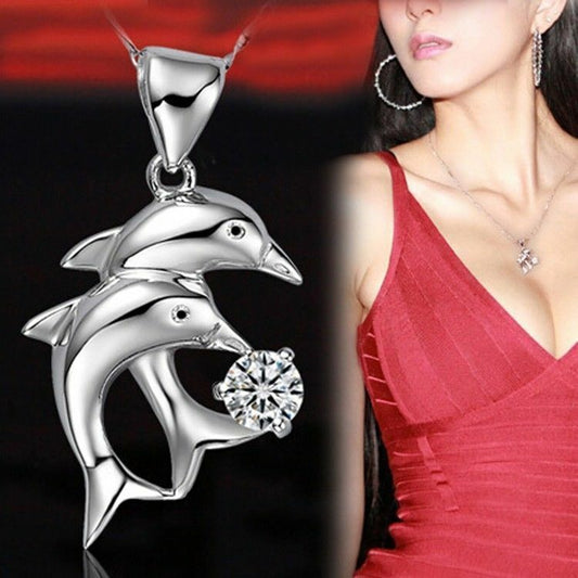 TWIN Dolphin Pendant rhinestone crystal Silver necklace Jewellery Ladies Gifts