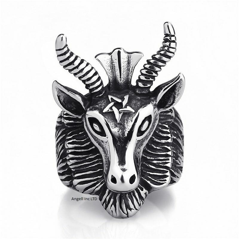 Mens Silver Satan Goat Head Pentagram Gothic Ram Steel Devil Satanic Ring