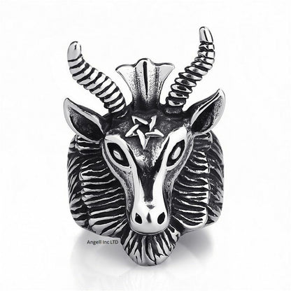 Mens Silver Satan Goat Head Pentagram Gothic Ram Steel Devil Satanic Ring