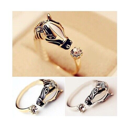 ADJUSTABLE HORSE PONEY WOMENS GIRLS RING SILVER GOLD STACKABLE RHINESTONE GIFT