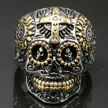 Silver Gold Sugar Cross Skull Ring Goth Rock Biker Mens Gift Day of The Dead UK