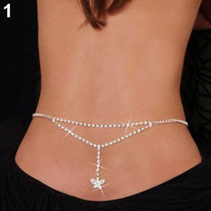 Bikini Rhinestone Harness Lower Back Crossover Belly Waist Body Chain Necklace
