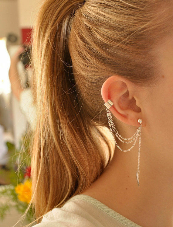 WOMEN CLIP ON HANGING CHAIN LEAF FLOWER EAR CUFF EARRING STUD HIPPIE GIFT Boho