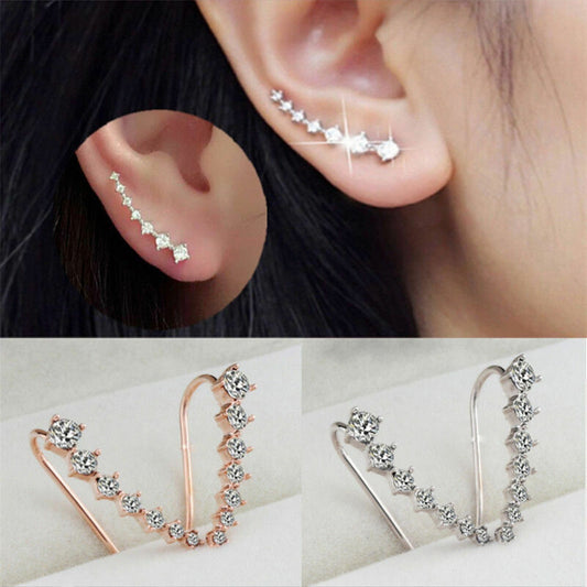 Women Silver Gold Crystal Rhinestone Hook Wrap Ear Cuff Ear Stud Earrings Hoop