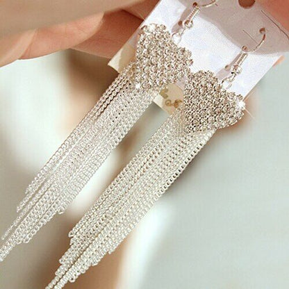 Heart sexy chain Hook Earring Hooks Long tassel ear ring rhinestone Silver UK