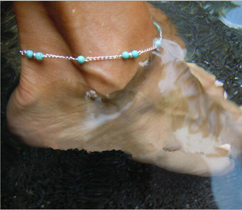Silver Turqoise Bead Ankle Bracelet Sandal Anklet Foot Jewelry Jewellery Beach