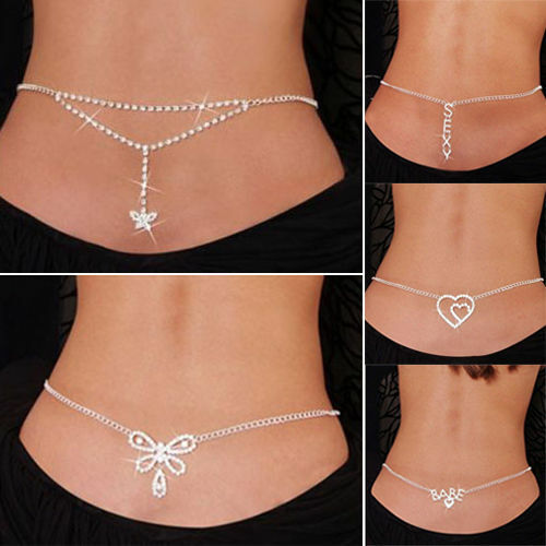 Bikini Rhinestone Harness Lower Back Crossover Belly Waist Body Chain Necklace