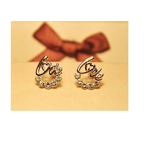 Gold LOVE HEART RHINESTONE Earrings Ear Stud Women's Ladies Girls Gift Birthday