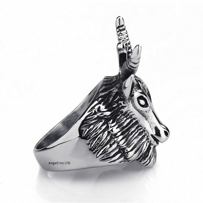 Mens Silver Satan Goat Head Pentagram Gothic Ram Steel Devil Satanic Ring