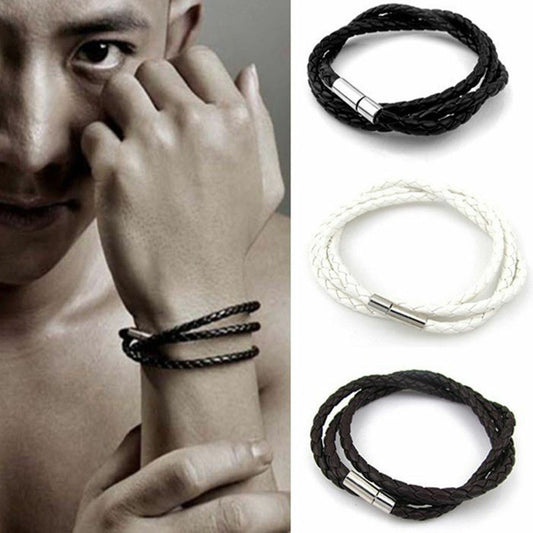 Mens Braided Leather Surfer Wristband Bracelet Wrap Steel BLACK BROWN WHITE UK