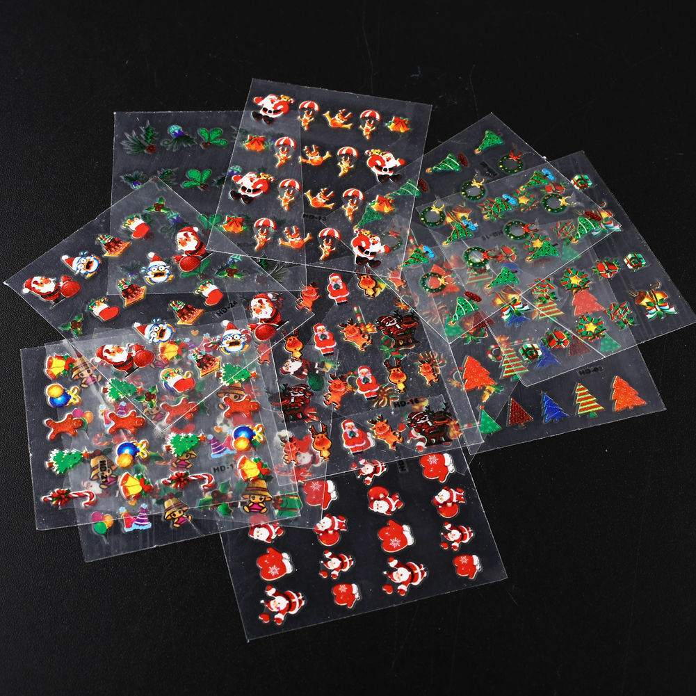 12 Sheets Christmas Gift Bell Bows 3D Nail Art Stickers Decal Stocking Filler