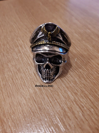Mens CAPTAIN Skull With Silver Tone PIRATE HEAD Unisex Ring Size ADJUSTABLE UK
