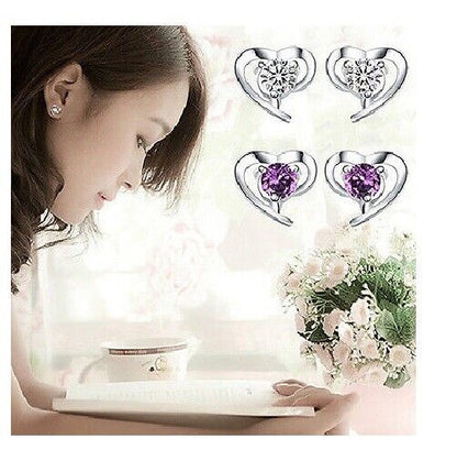 925 Sterling Silver Love Heart Cubic Zirconia Small Ear Stud Earrings Hook Gift