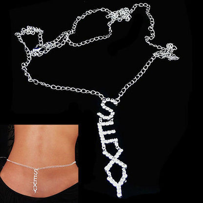 Bikini Rhinestone Harness Lower Back Crossover Belly Waist Body Chain Necklace