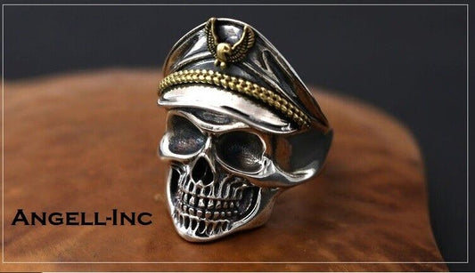 Mens CAPTAIN Skull With Silver Tone PIRATE HEAD Unisex Ring Size ADJUSTABLE UK