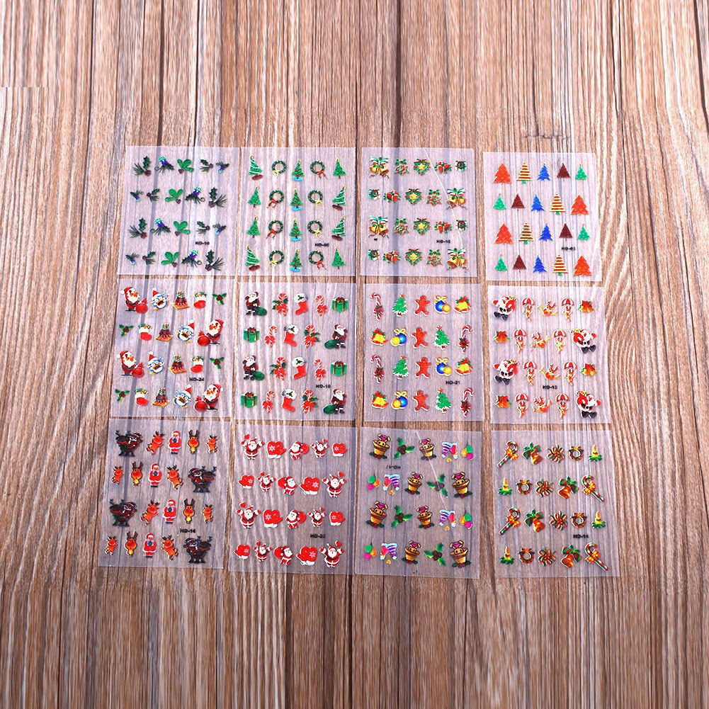 12 Sheets Christmas Gift Bell Bows 3D Nail Art Stickers Decal Stocking Filler