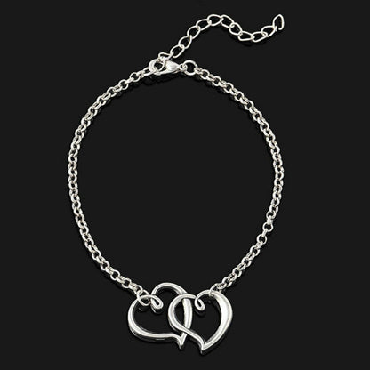 Silver Double Love Heart Friendship Chain Bracelet charm Bangle Womens Gift