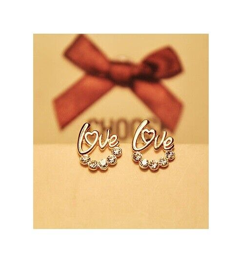 Gold LOVE HEART RHINESTONE Earrings Ear Stud Women's Ladies Girls Gift Birthday