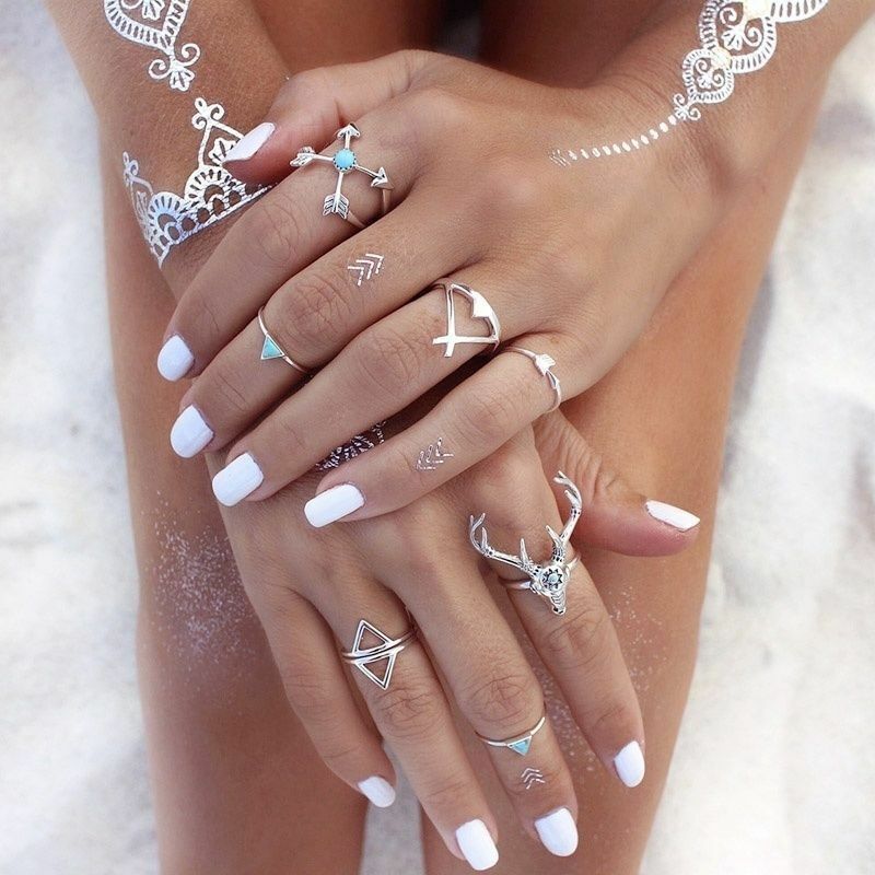 7pcs Silver Ring Set Blue Turquoise Arrows Antlers Women Retro Stack Knuckle UK