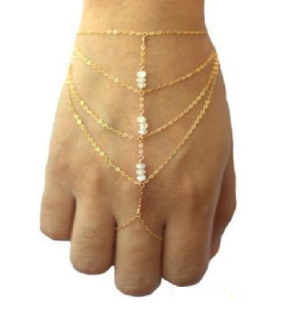 Womens BEADED Slave Chain Finger Ring Bangle Hand Harness Bracelet Beach Boho