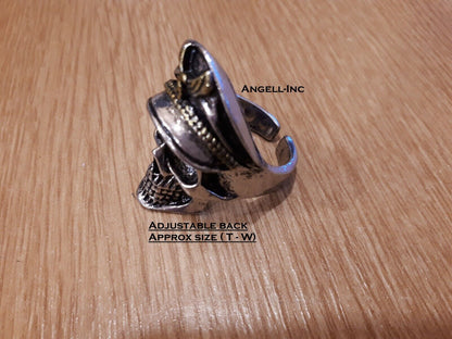 Mens CAPTAIN Skull With Silver Tone PIRATE HEAD Unisex Ring Size ADJUSTABLE UK
