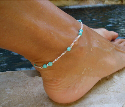 Silver Turqoise Bead Ankle Bracelet Sandal Anklet Foot Jewelry Jewellery Beach