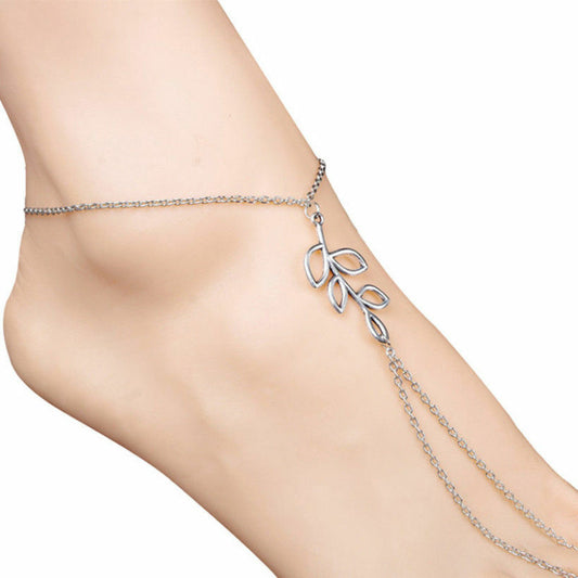 SILVER Anklet Chain with LEAF BAREFOOT beach Summer sexy Ankle Bracelet Women