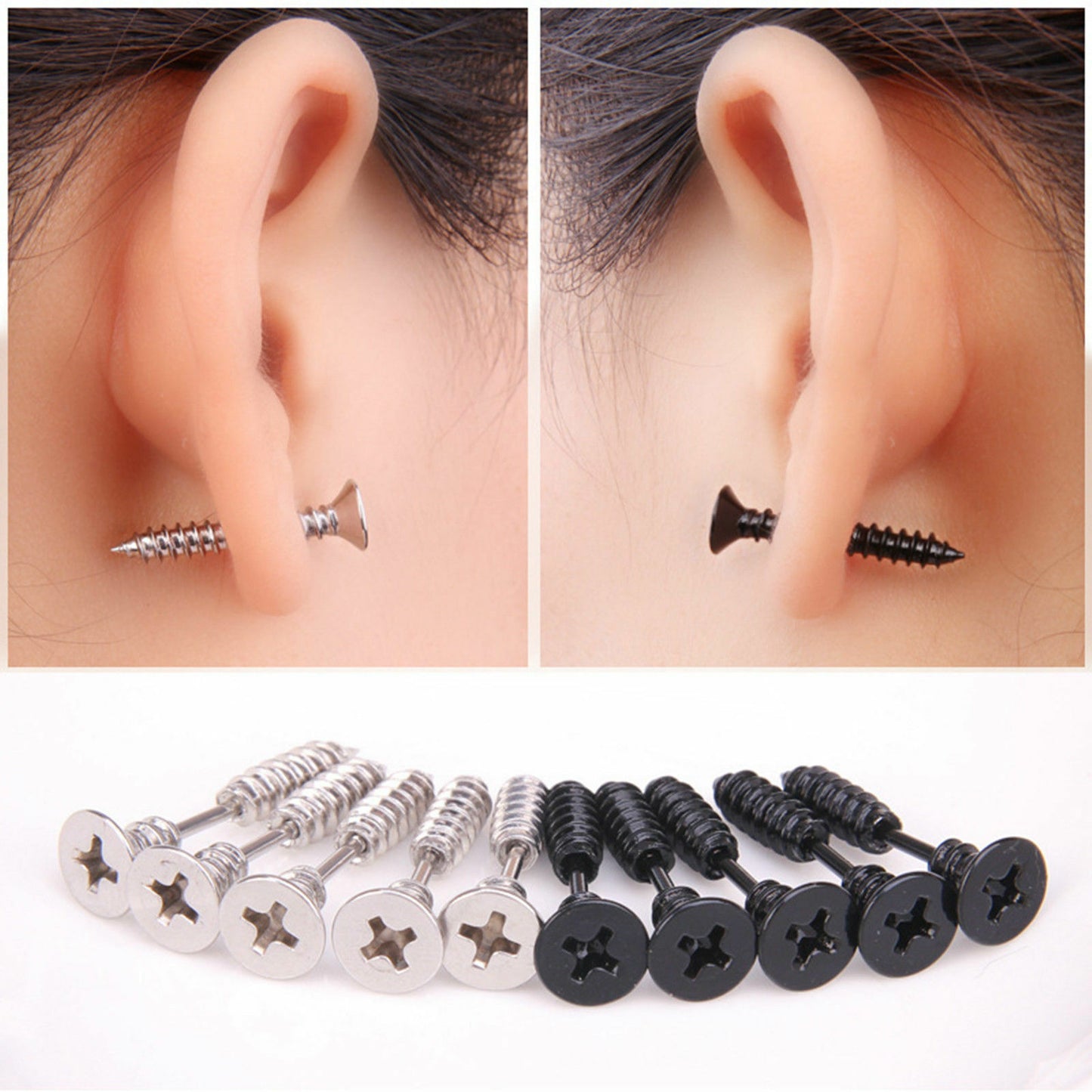 2pcs Punk Gothic Unisex Unique Stainless Steel Gold Silver Screw Stud Earrings