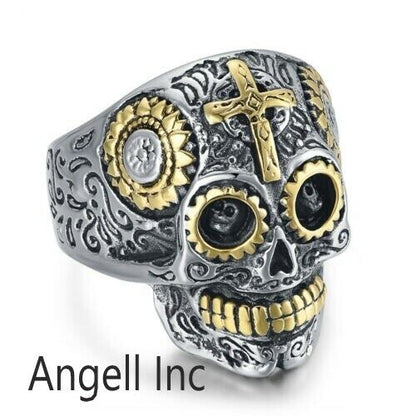 Silver Gold Sugar Cross Skull Ring Goth Rock Biker Mens Gift Day of The Dead UK