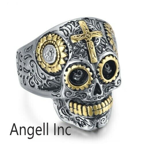 Silver Gold Sugar Cross Skull Ring Goth Rock Biker Mens Gift Day of The Dead UK