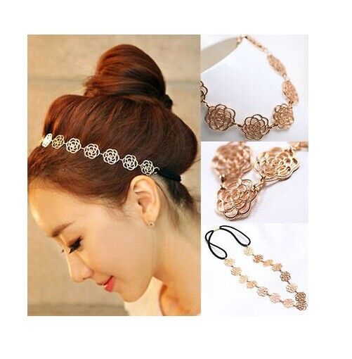 Womens Head chain Hollow Rose Flower Elastic Hair Band Headband Hippie Chic GIFT